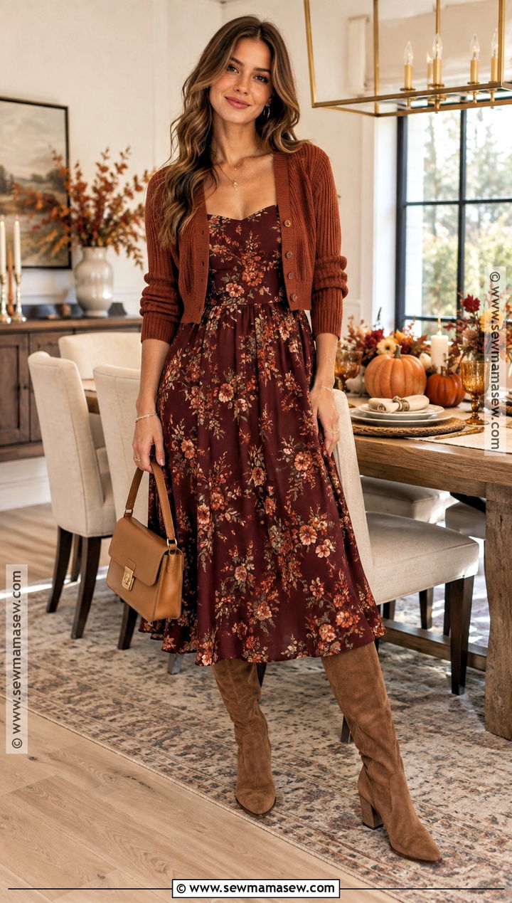 Thanksgiving Floral Midi Dress And Cardigan Outfit - 25 cozy thanksgiving outfit ideas