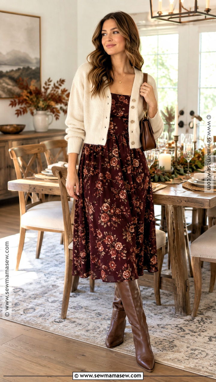 Thanksgiving Floral Midi Dress And Cardigan Outfit - 20 cute outfit for thanksgiving ideas