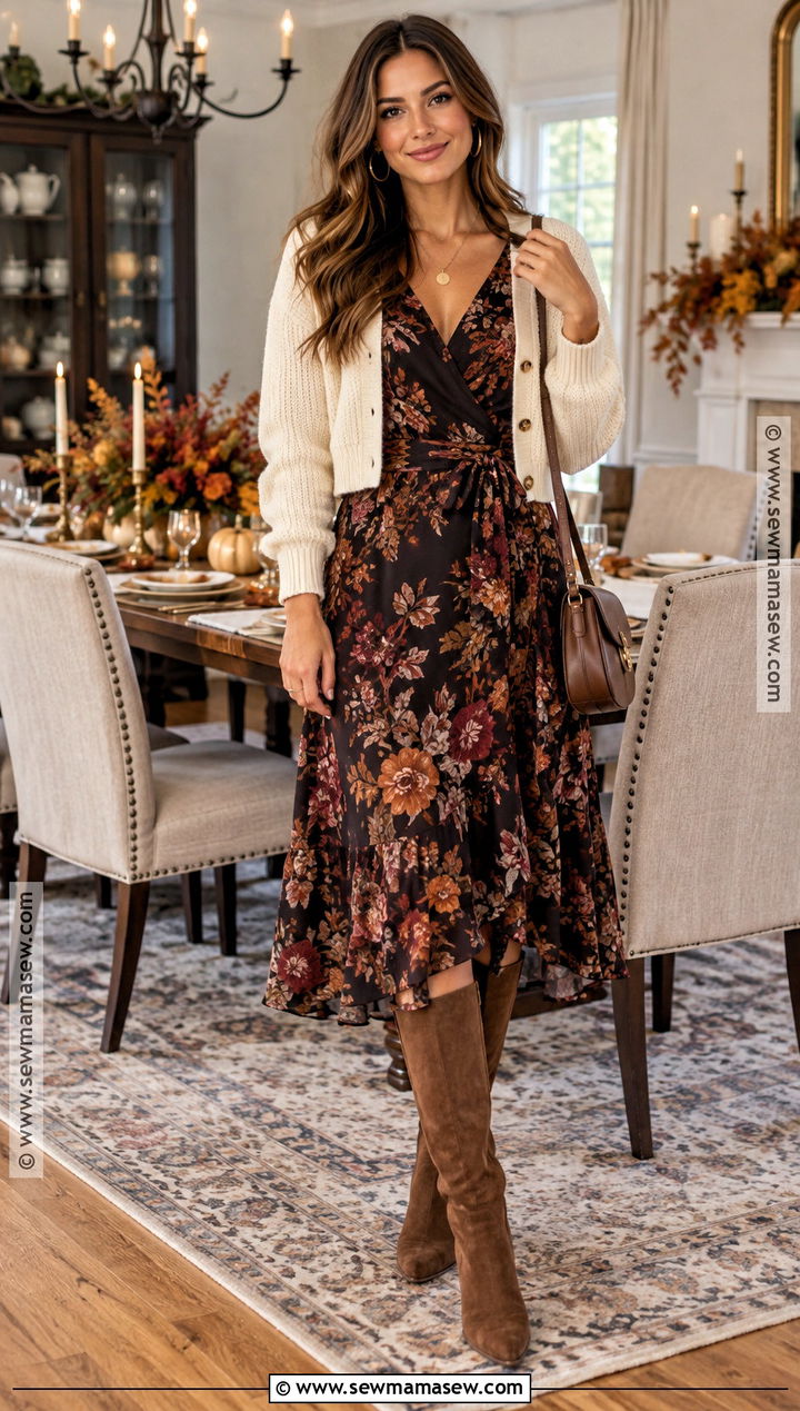 Thanksgiving Floral Midi Dress And Suede Boots Outfit - 20 Thanksgiving Dinner Outfit Ideas