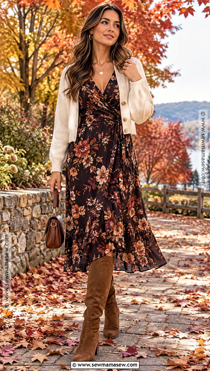Thanksgiving Floral Midi Dress And Suede Boots - 20 fall outfits thanksgiving