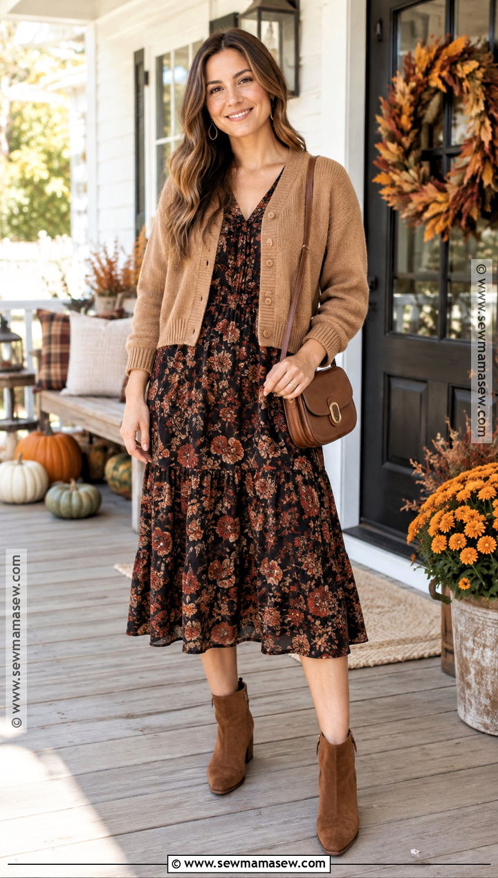 Thanksgiving Floral Midi Dress With Ankle Boots - 20 Thanksgiving Looks