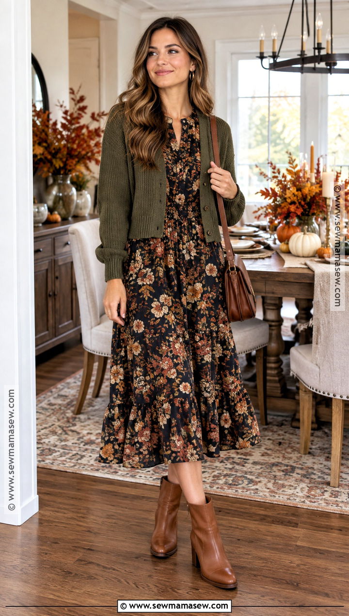 Thanksgiving Floral Midi Dress With Ankle Boots - 20 thanksgiving party outfit ideas