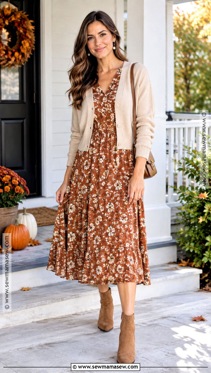 Thanksgiving Floral Midi Dress With Ankle Boots - 20 Dress For Thanksgiving Ideas