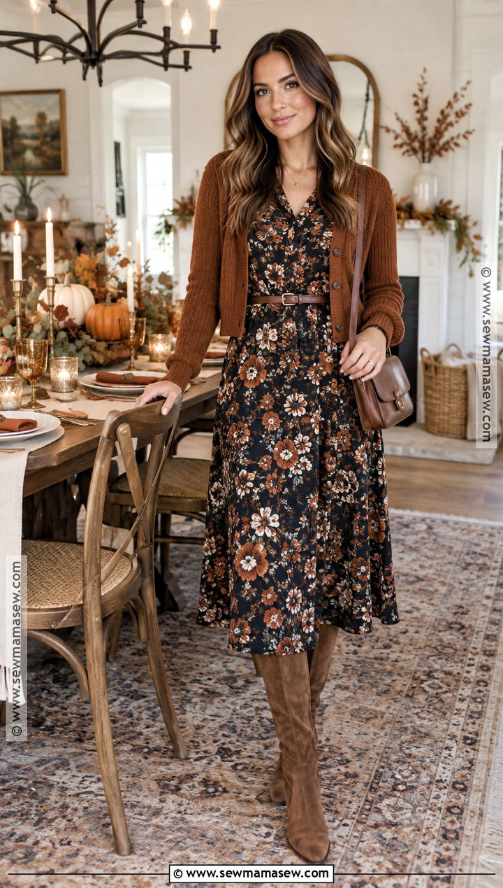 Thanksgiving Floral Midi Dress With Boots - 20 thanksgiving party outfits