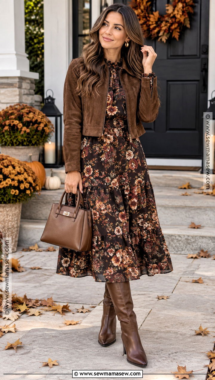 Thanksgiving Floral Midi Dress With Brown Boots - 25 thanksgiving outfit dress ideas