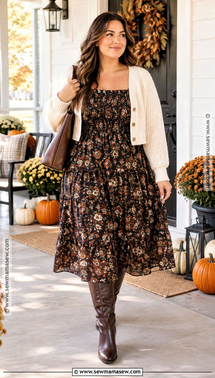 Thanksgiving Floral Midi Dress With Brown Boots - 15 dress thanksgiving outfit ideas