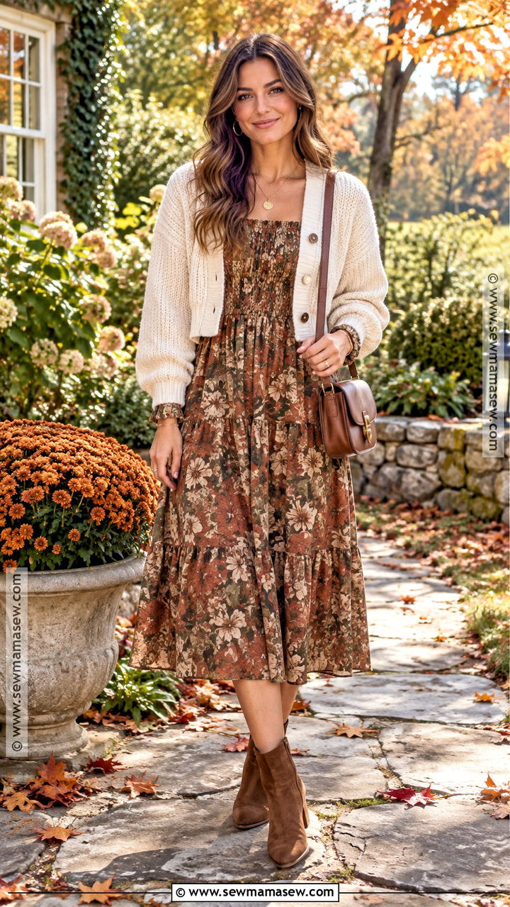 Thanksgiving Floral Midi Dress With Cardigan - 20 Comfortable Thanksgiving Outfits for Women