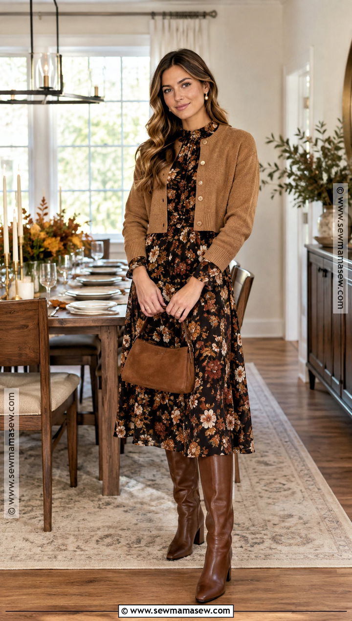 Thanksgiving Floral Midi Dress With Cardigan And Boots - 20 Cute Outfits For Thanksgiving