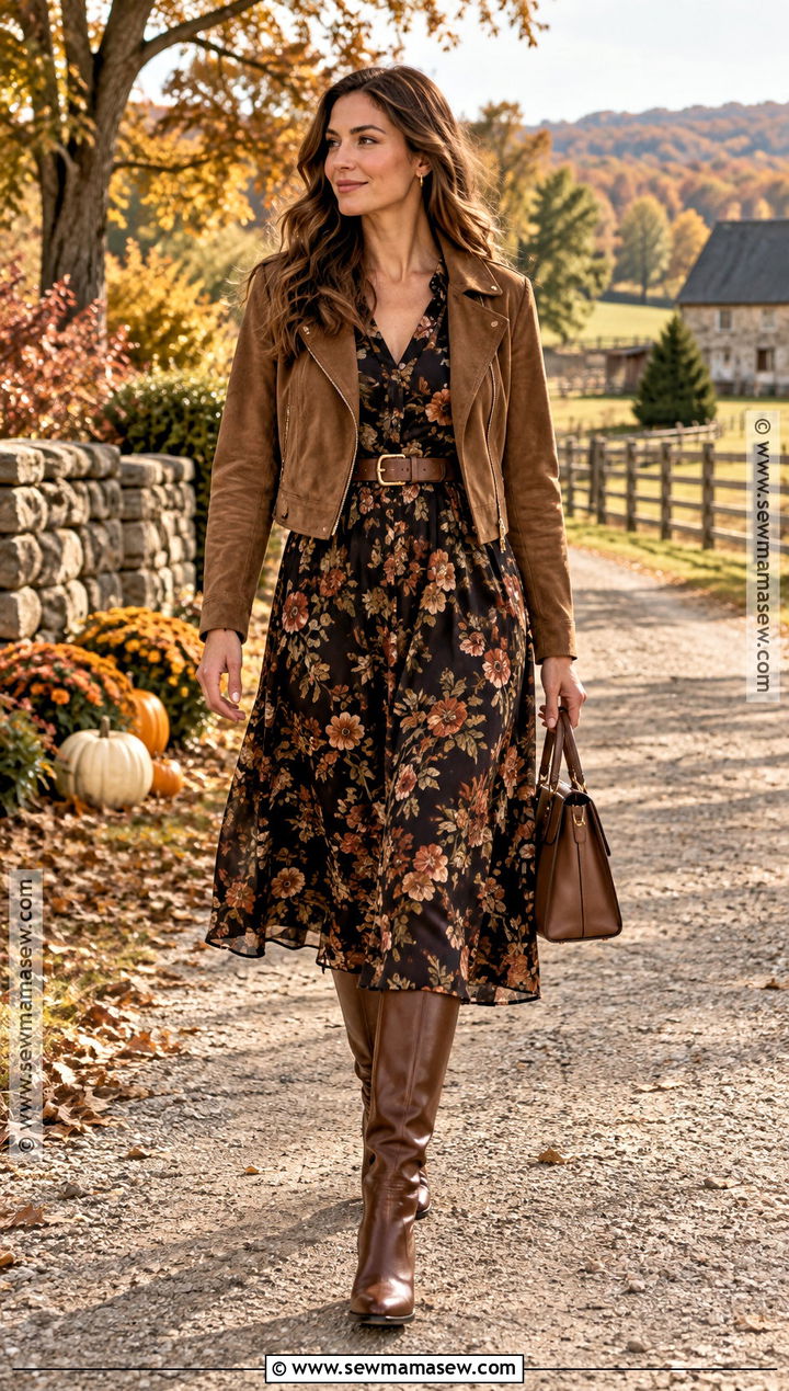Thanksgiving Floral Midi Dress With Riding Boots - 20 Thanksgiving Outfit With Boots