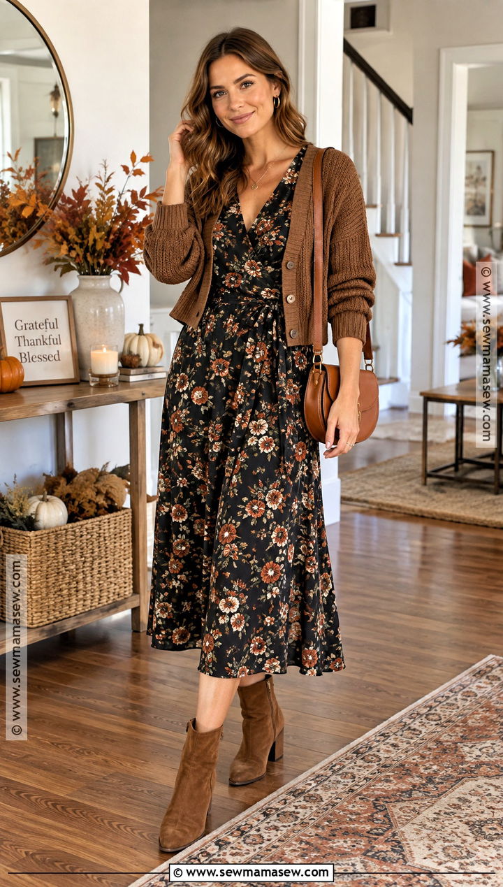 Thanksgiving Floral Midi Dress and Ankle Boots Outfit - 20 thanksgiving attire ideas for women