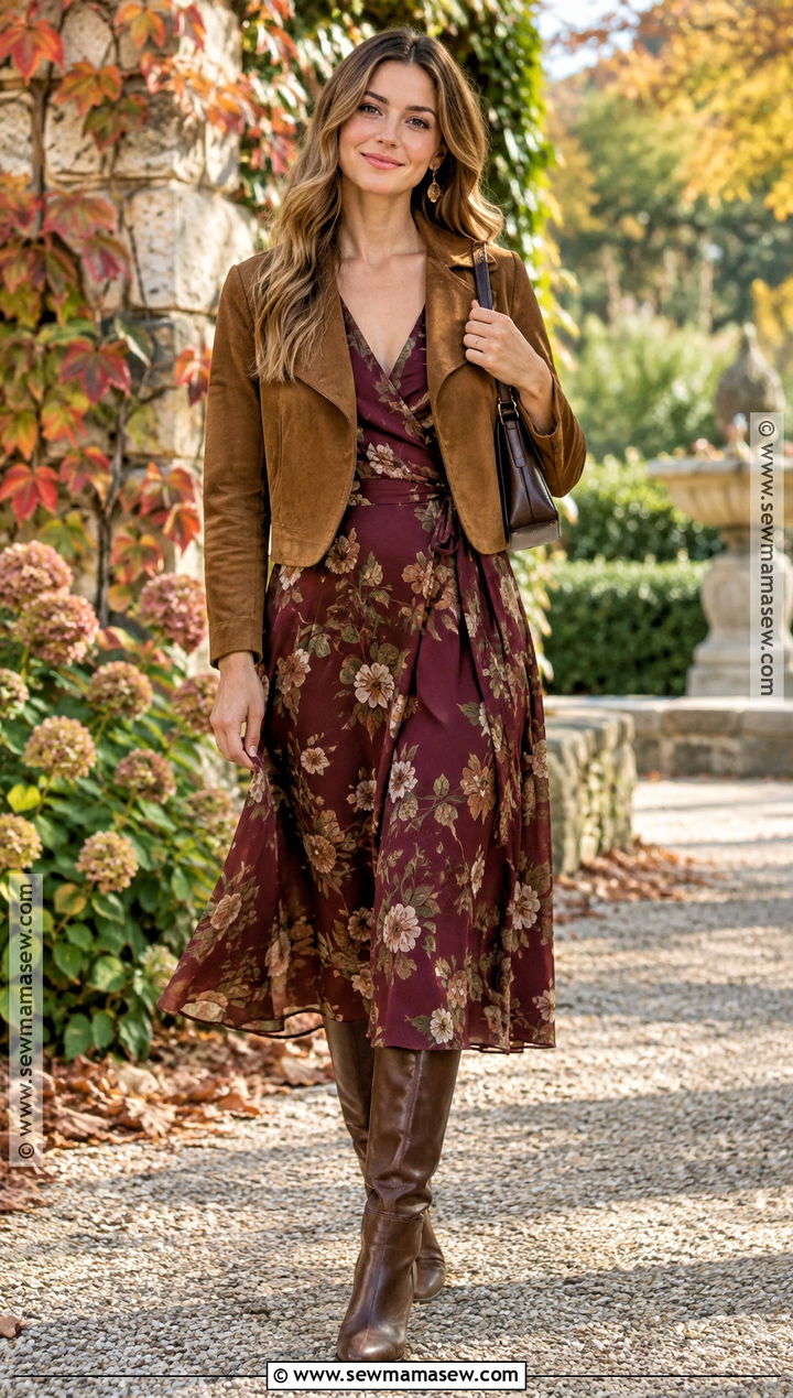 Thanksgiving Floral Midi Dress and Boots Outfit - 30 thanksgiving outfits for women