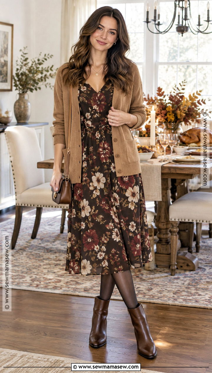 Thanksgiving Floral Midi Dress and Cardigan Outfit - 20 Thanksgiving Outfit Simple Ideas