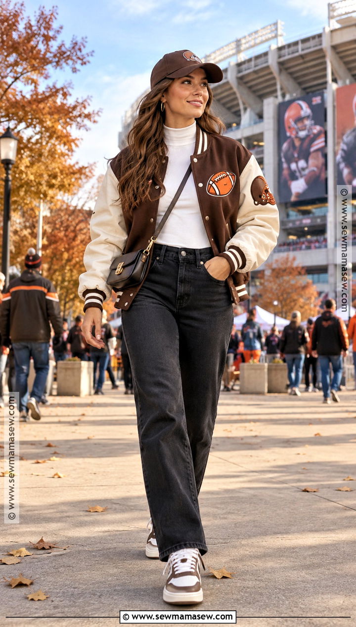Thanksgiving Football Bomber Jacket With Black Jeans - 15 Thanksgiving Football Game Outfit Ideas