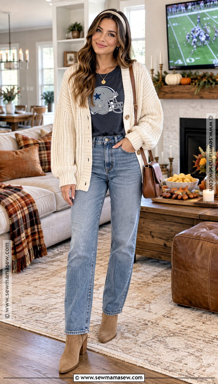 Thanksgiving Football Cardigan With Relaxed Jeans - 15 Thanksgiving Football Game Outfit Ideas