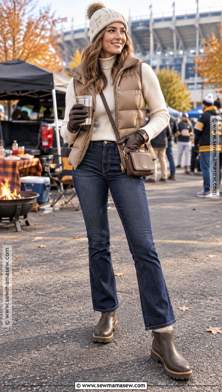 Thanksgiving Football Puffer Vest With Bootcut Jeans - 15 Thanksgiving Football Game Outfit Ideas