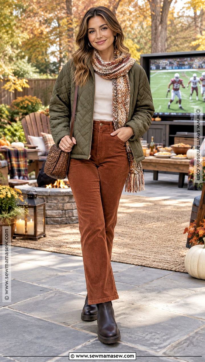 Thanksgiving Football Quilted Jacket With Corduroy Pants - 15 Thanksgiving Football Game Outfit Ideas