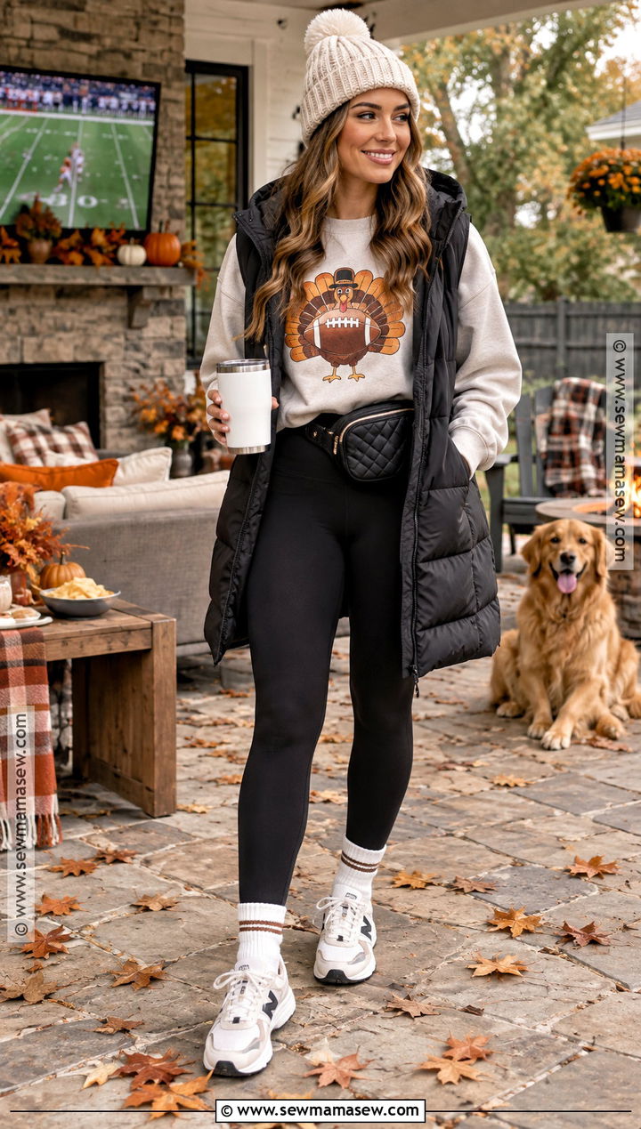 Thanksgiving Football Sweatshirt With Black Leggings - 15 Thanksgiving Football Game Outfit Ideas