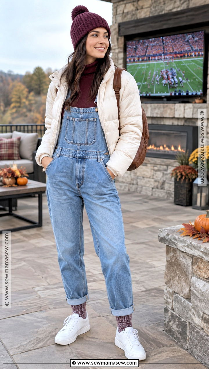 Thanksgiving Football Turtleneck With Denim Overalls - 15 Thanksgiving Football Game Outfit Ideas