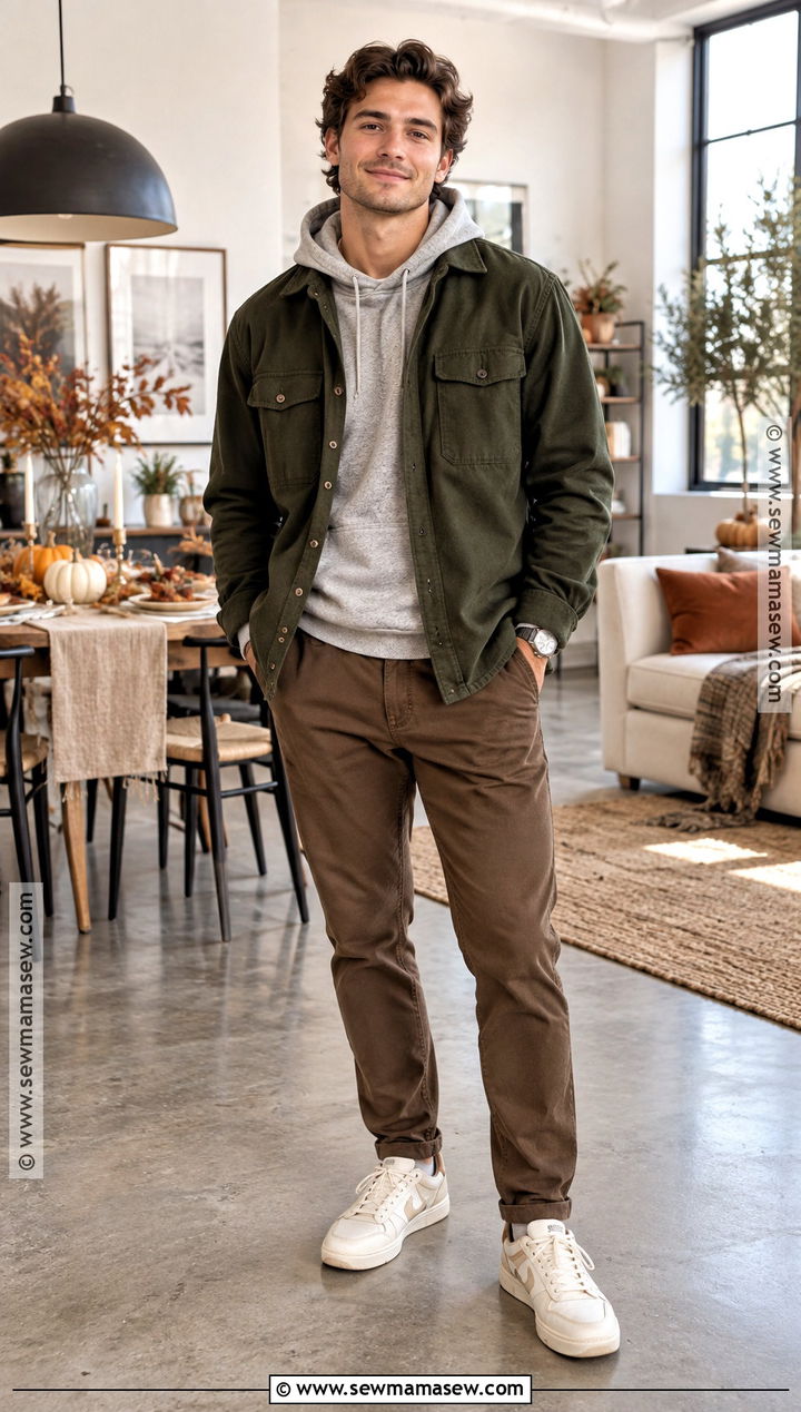 Thanksgiving Hoodie With Shacket And Relaxed Chinos - 15 thanksgiving mens outfit ideas
