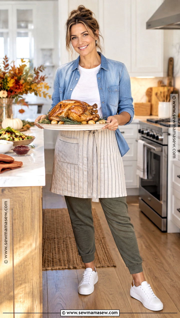 Thanksgiving Hosting Outfit With Joggers And Chambray Shirt - 25 Comfortable Thanksgiving Outfit Ideas