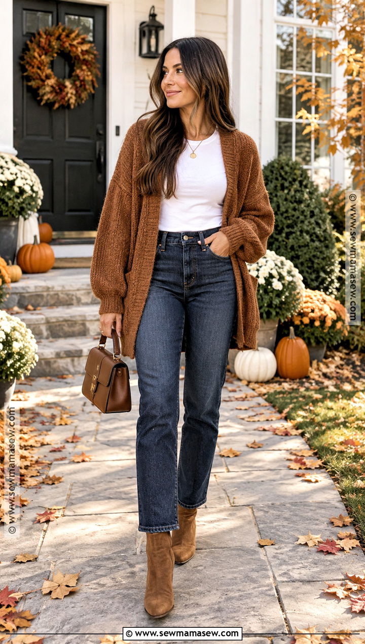 Thanksgiving Jeans And Cardigan With Ankle Boots - 20 Thanksgiving Outfit With Boots