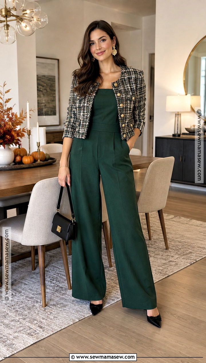 Thanksgiving Jumpsuit And Cropped Jacket Outfit - 20 Thanksgiving Dinner Outfit Ideas