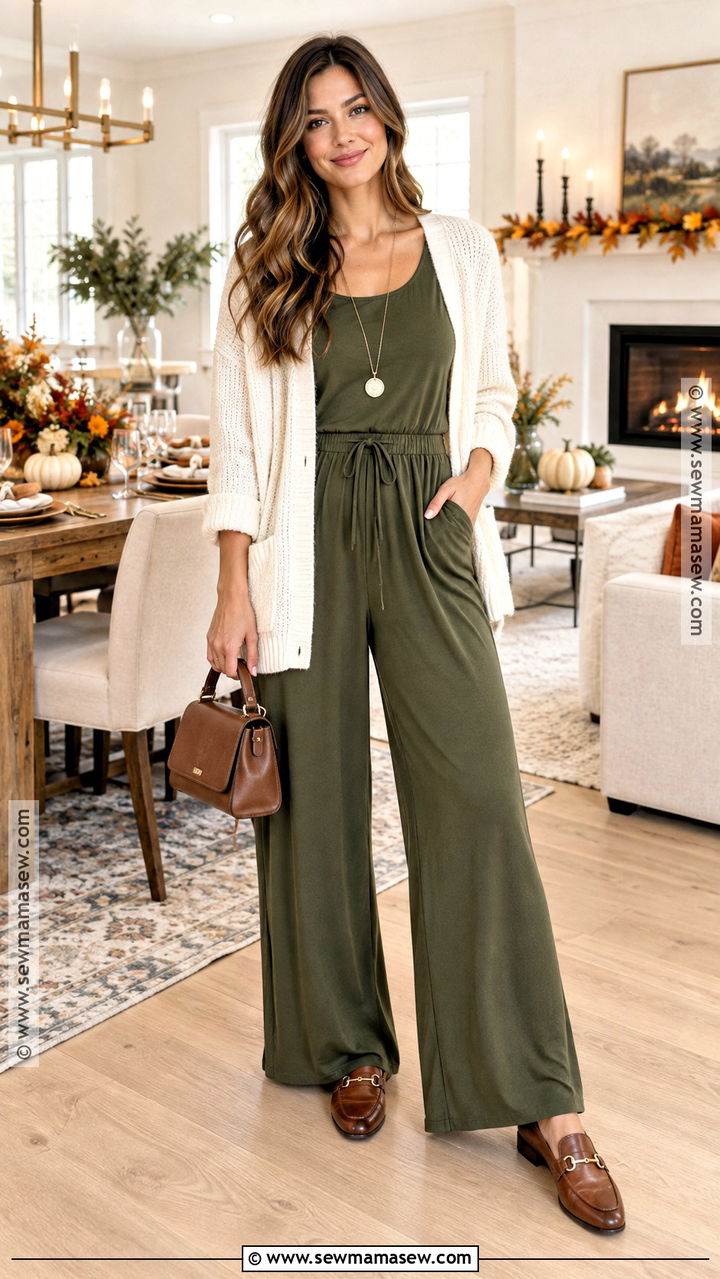 Thanksgiving Jumpsuit With Cardigan - 20 Comfortable Thanksgiving Outfits for Women