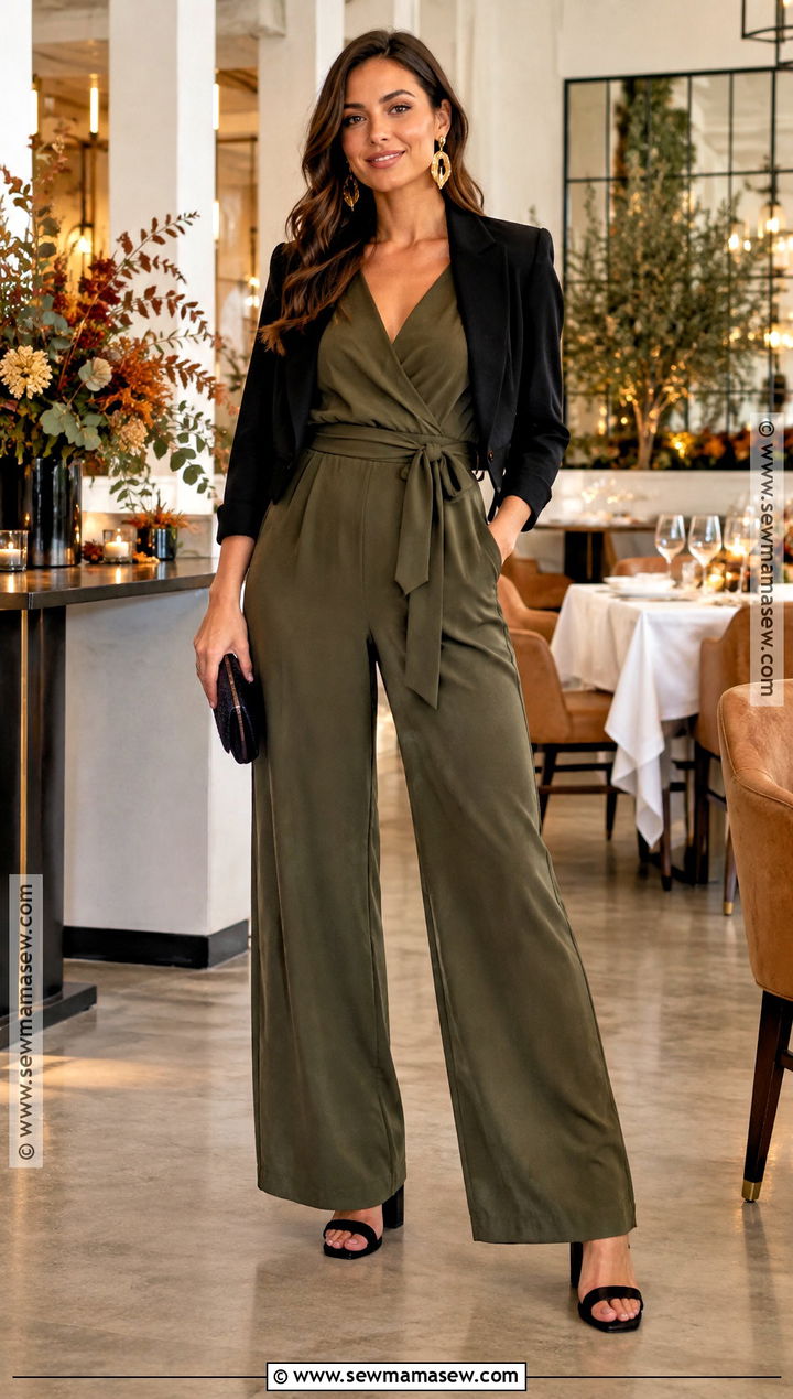 Thanksgiving Jumpsuit and Block Heels Outfit - 20 thanksgiving attire ideas for women