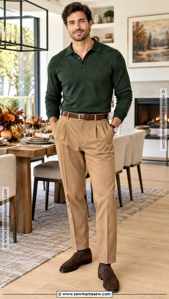 Thanksgiving Knit Polo Outfit With Pleated Pants - 15 Thanksgiving Outfit Men Fall Ideas