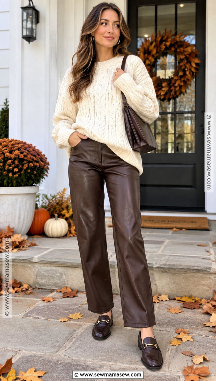 Thanksgiving Leather Pants With Oversized Sweater - 15 outfits to wear for thanksgiving