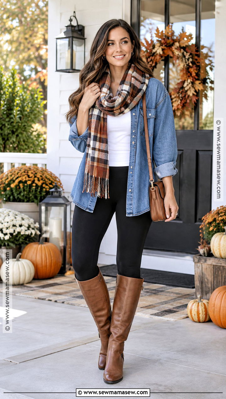 Thanksgiving Leggings Outfit With Denim Shirt - 20 Thanksgiving Outfit Leggings