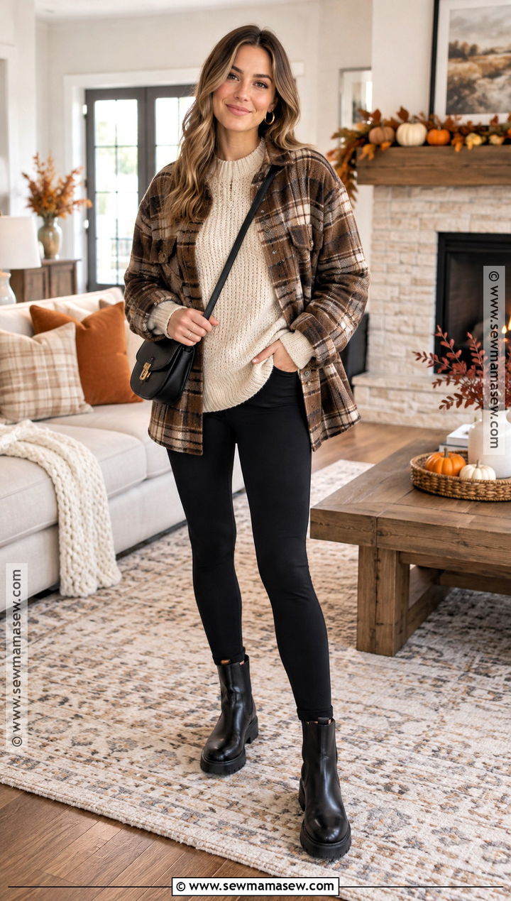 Thanksgiving Leggings With An Oversized Sweater And Shacket - 20 Cute Outfits For Thanksgiving