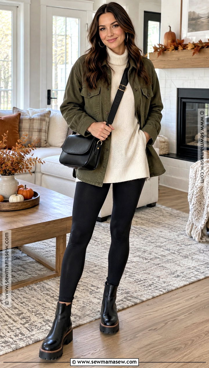 Thanksgiving Leggings With Tunic Sweater And Shacket - 15 outfits to wear for thanksgiving