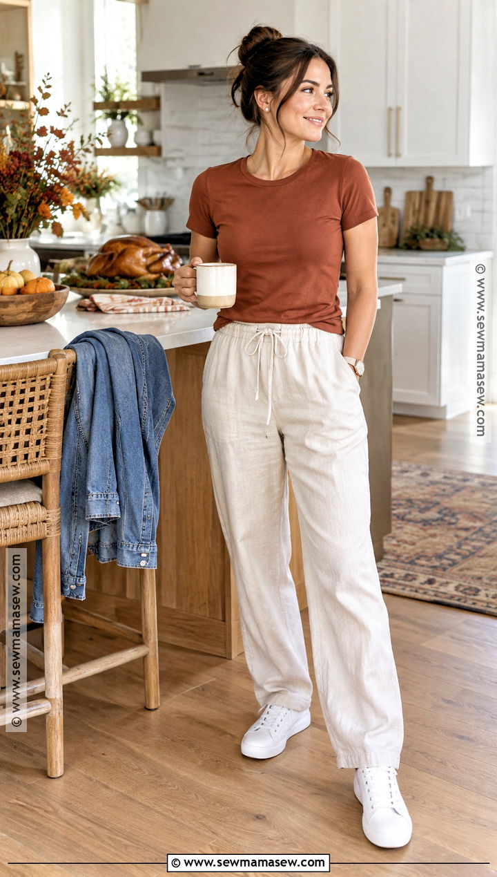 Thanksgiving Linen Pants And Seasonal Tee Outfit - 20 thanksgiving outfit warm weather ideas