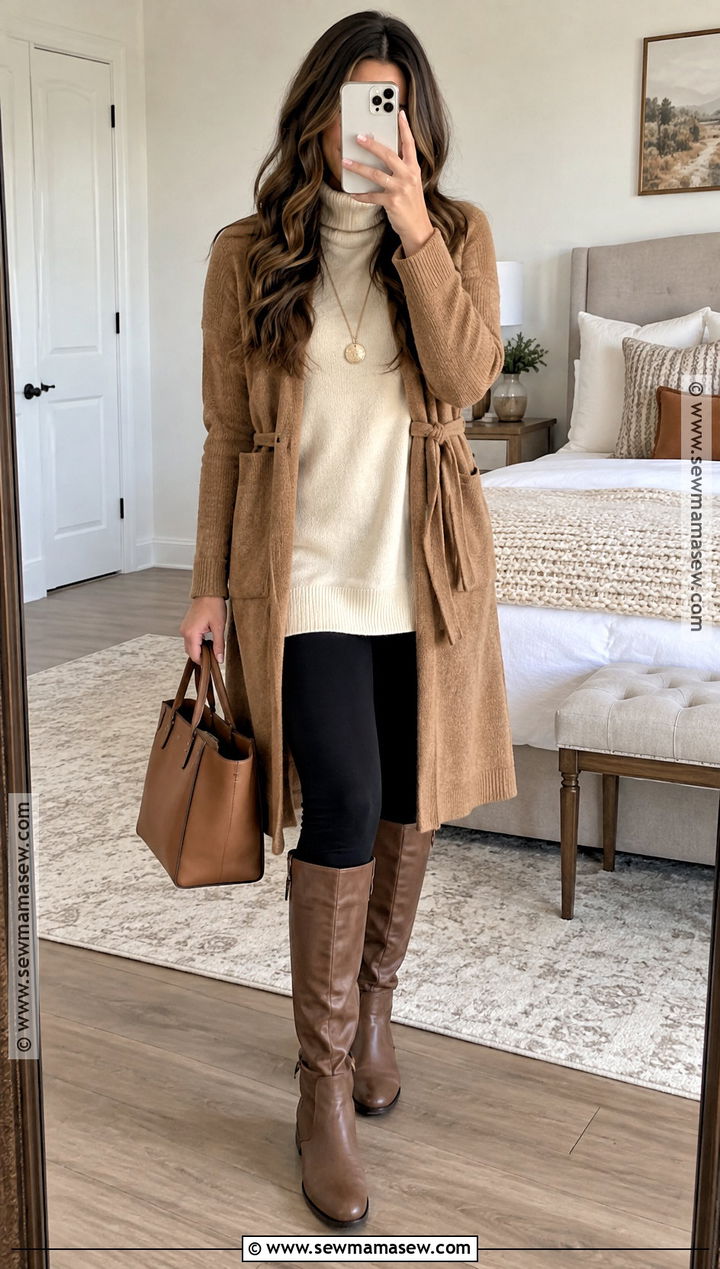 Thanksgiving Long Cardigan And Fleece Lined Leggings Outfit - 20 warm thanksgiving outfit ideas