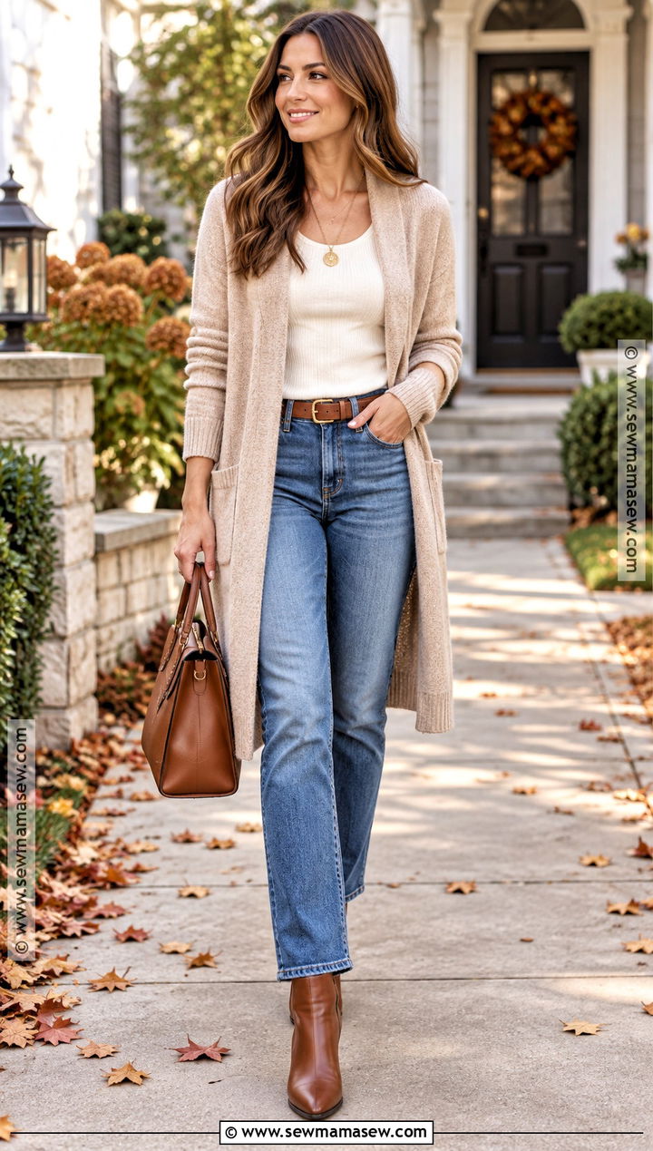 Thanksgiving Long Cardigan And Jeans Outfit - 20 Comfy Thanksgiving Outfits