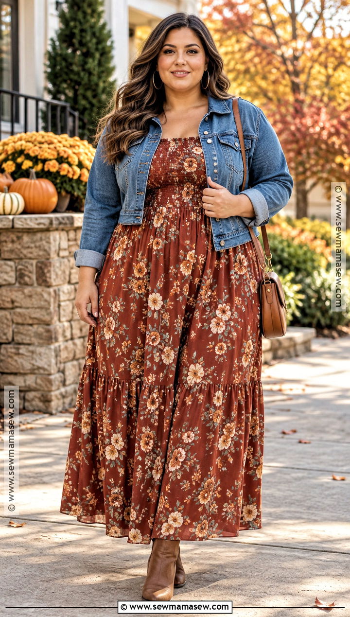Thanksgiving Maxi Dress And Denim Jacket Outfit - 20 Comfy Thanksgiving Outfits