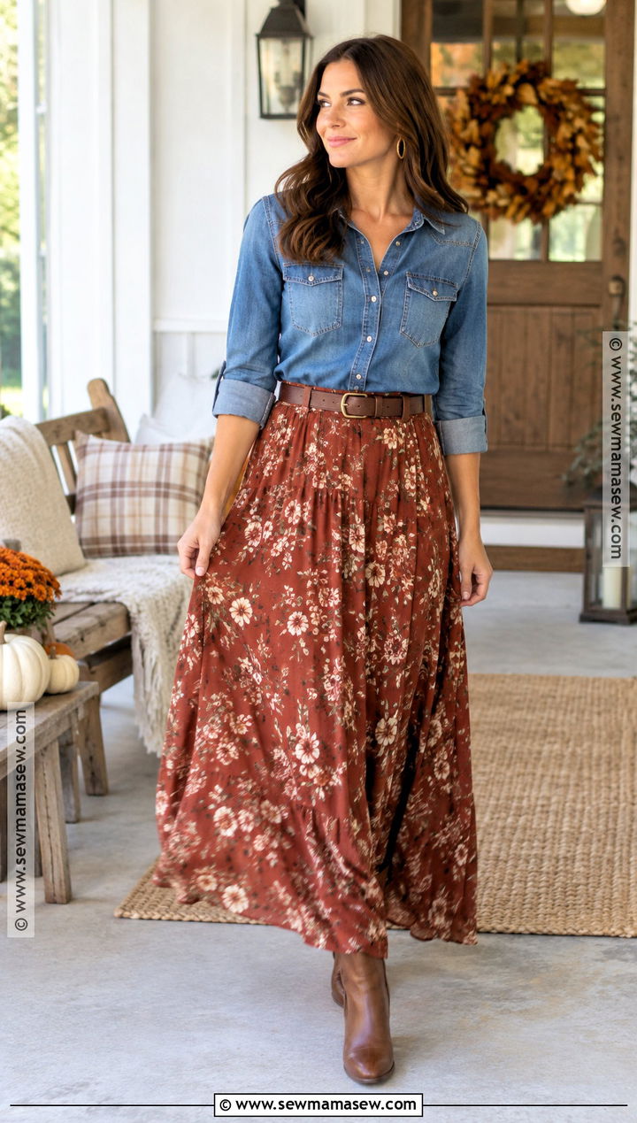 Thanksgiving Maxi Skirt And Denim Shirt Outfit - 20 cute outfit for thanksgiving ideas