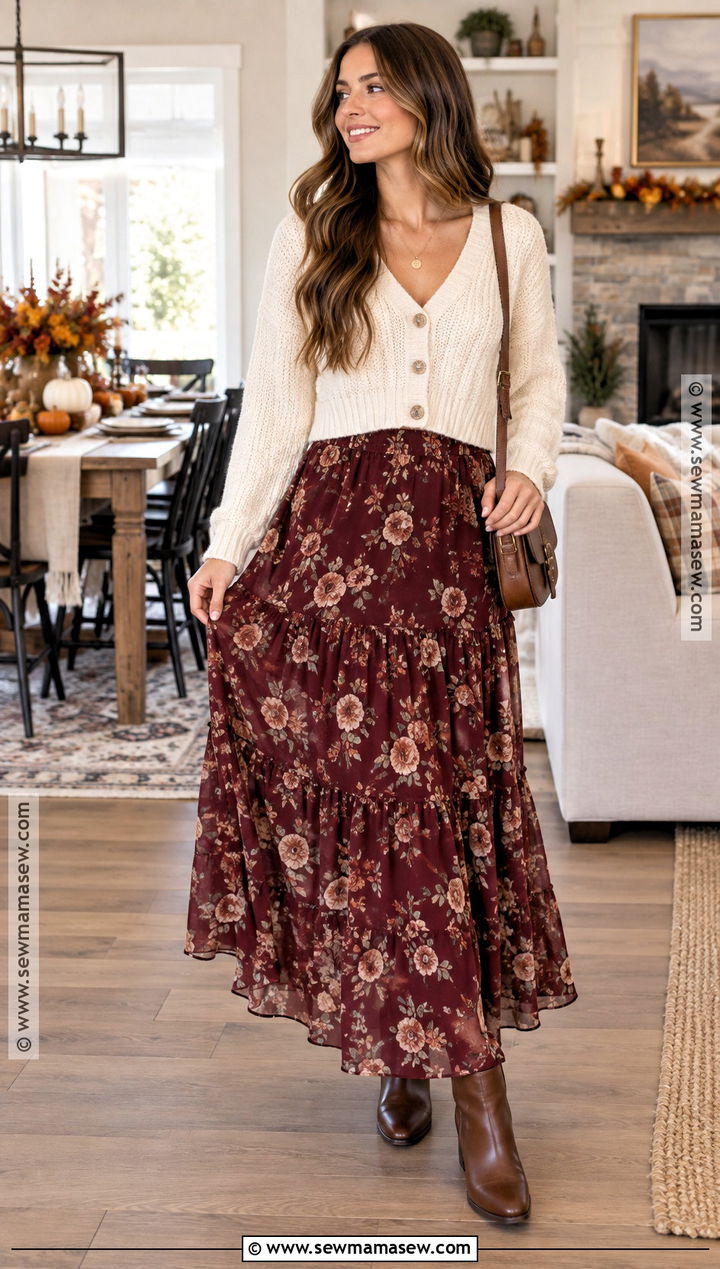 Thanksgiving Maxi Skirt With Cropped Cardigan - 20 thanksgiving party outfit ideas
