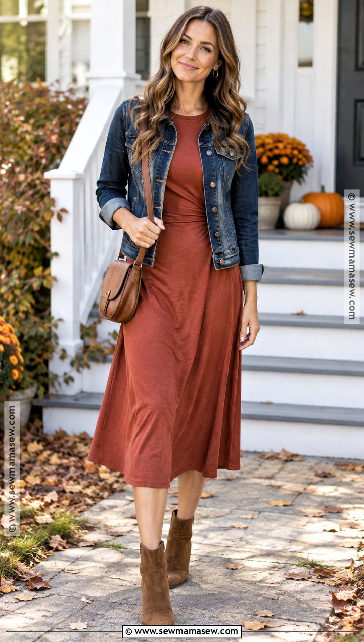Thanksgiving Midi Dress And Denim Jacket Outfit - 25 outfits for thanksgiving