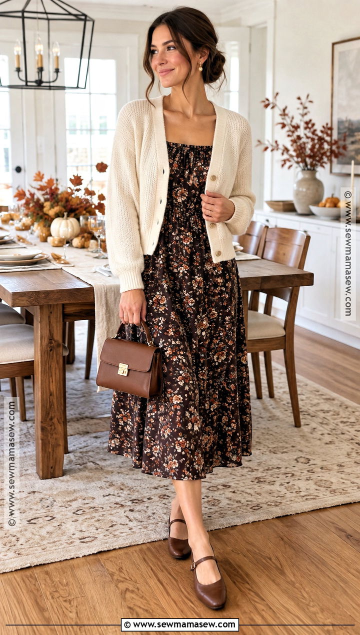 Thanksgiving Midi Dress With Cropped Cardigan - 20 thanksgiving party outfits