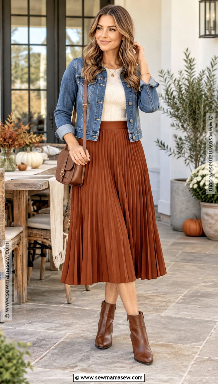 Thanksgiving Midi Skirt And Denim Jacket Outfit - 20 Outfit For Thanksgiving Dinner Ideas