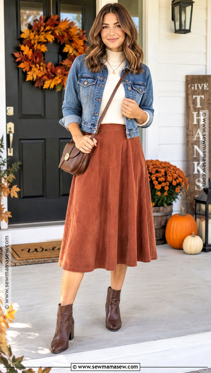 Thanksgiving Midi Skirt And Denim Jacket - 20 fall outfits thanksgiving