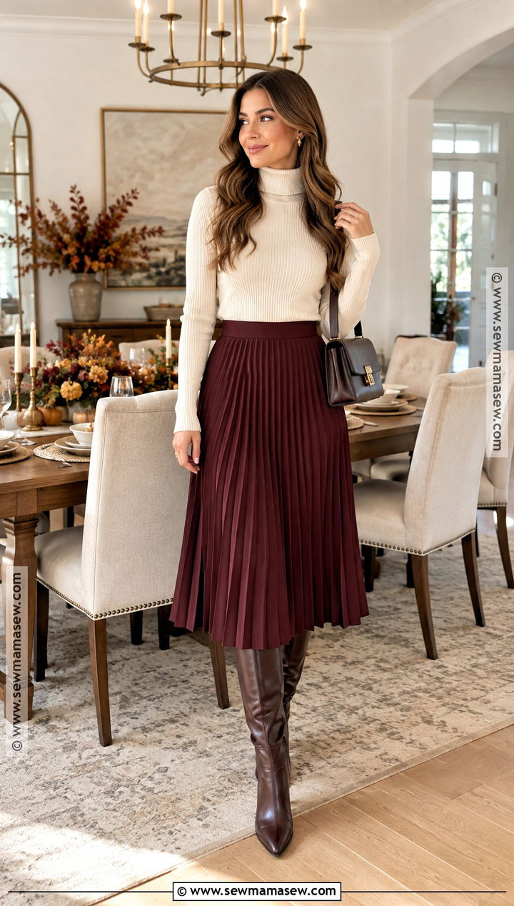 Thanksgiving Midi Skirt And Fitted Sweater Outfit - 25 Simple Thanksgiving Outfits
