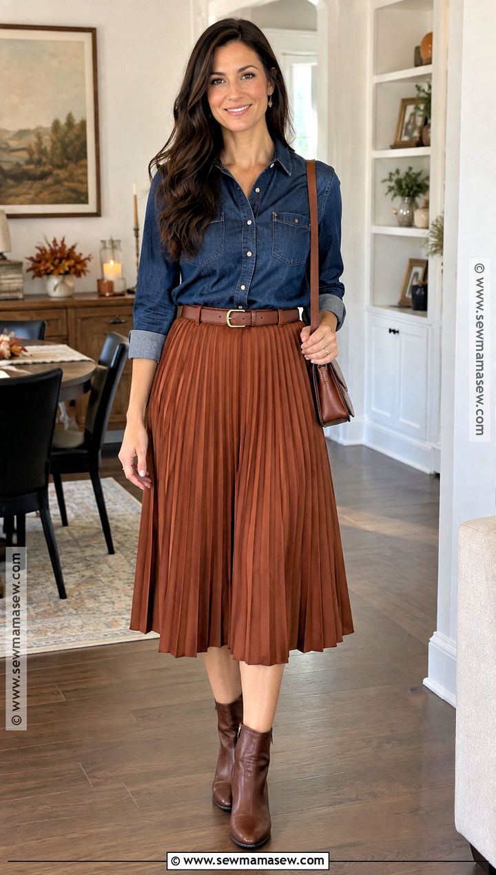 Thanksgiving Midi Skirt and Denim Shirt Outfit - 20 thanksgiving attire ideas for women