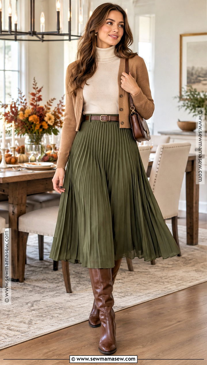 Thanksgiving Midi Skirt and Fitted Turtleneck Outfit - 20 Thanksgiving Outfit Simple Ideas