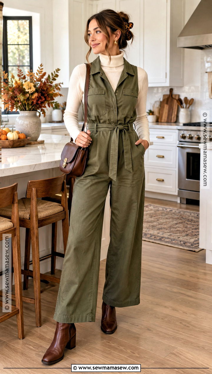 Thanksgiving Olive Jumpsuit And Ankle Boots Outfit - 20 thanksgiving outfit ideas for women