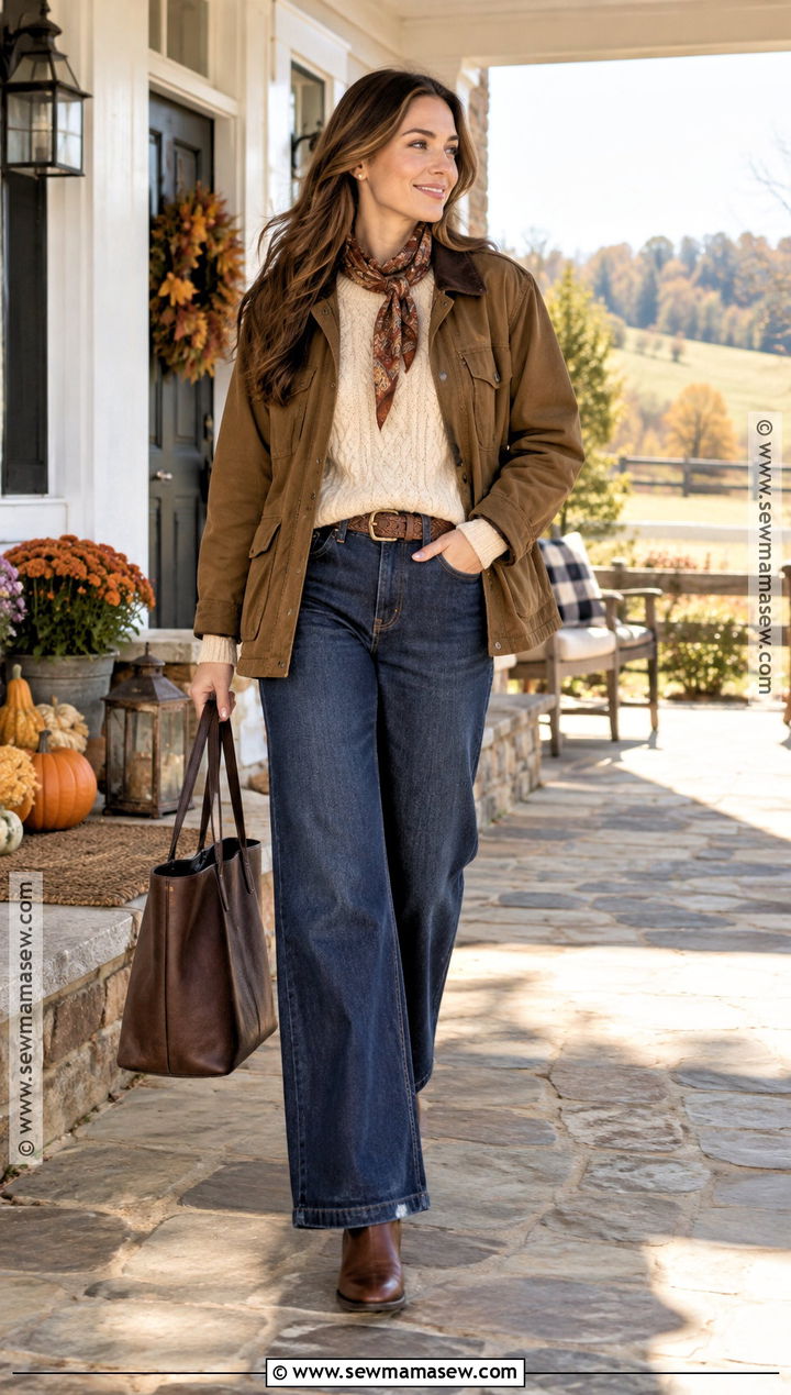 Thanksgiving Outfit With Barn Jacket And Wide Leg Jeans - 20 Thanksgiving Women Outfit Ideas