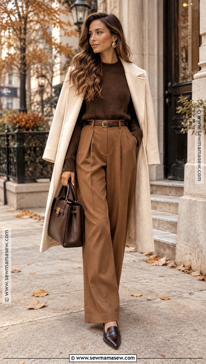 Thanksgiving Outfit With Brown Sweater And Wide Leg Trousers - 20 thanksgiving day outfits
