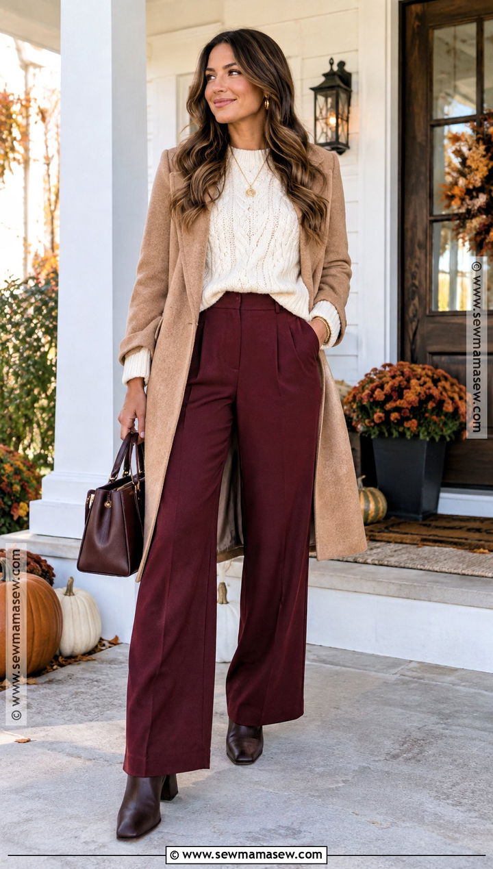 Thanksgiving Outfit With Burgundy Pants And Cream Sweater - 25 thanksgiving outfit ideas for women